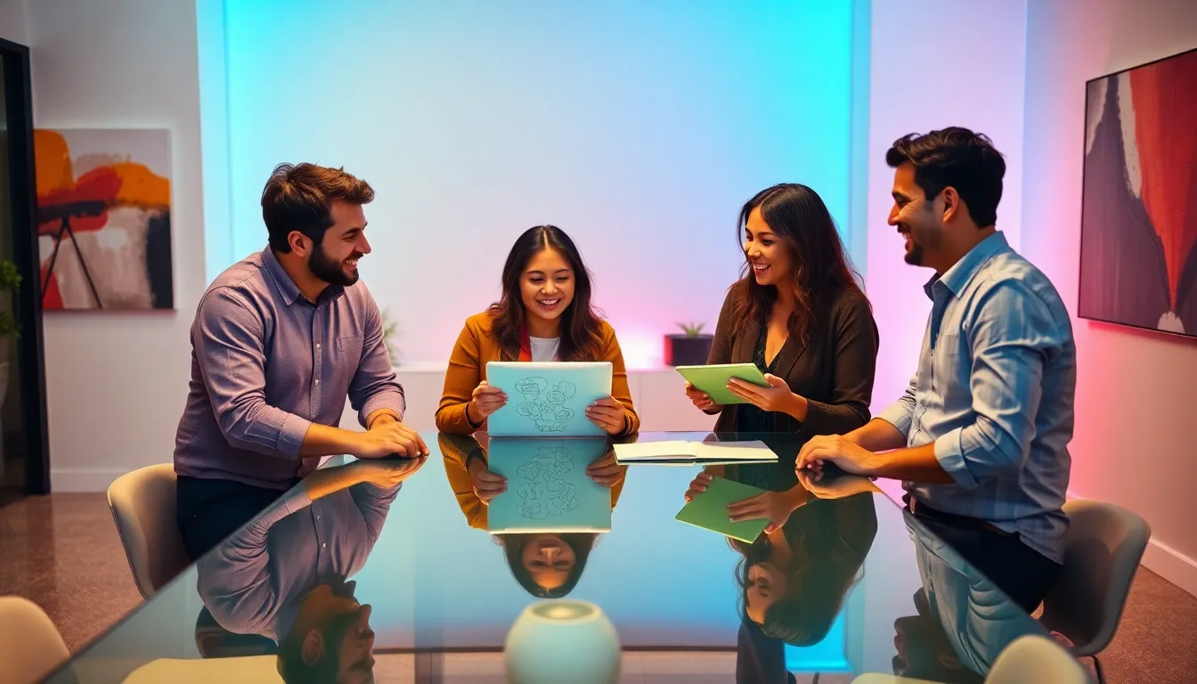 A diverse team collaborating on planning budget-friendly events in a modern office.