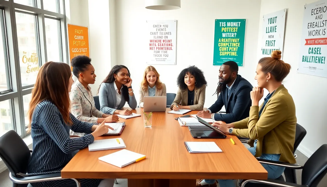diverse professionals collaborating on event planning in a modern office.