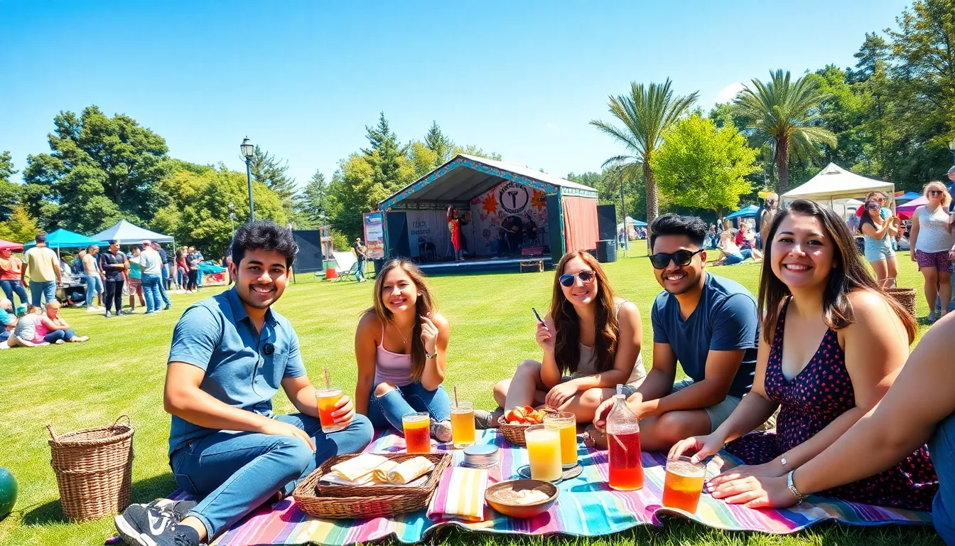 friends enjoying a local outdoor event in a park.