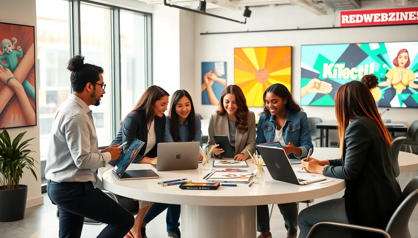 diverse team collaborating in a bright digital workspace.