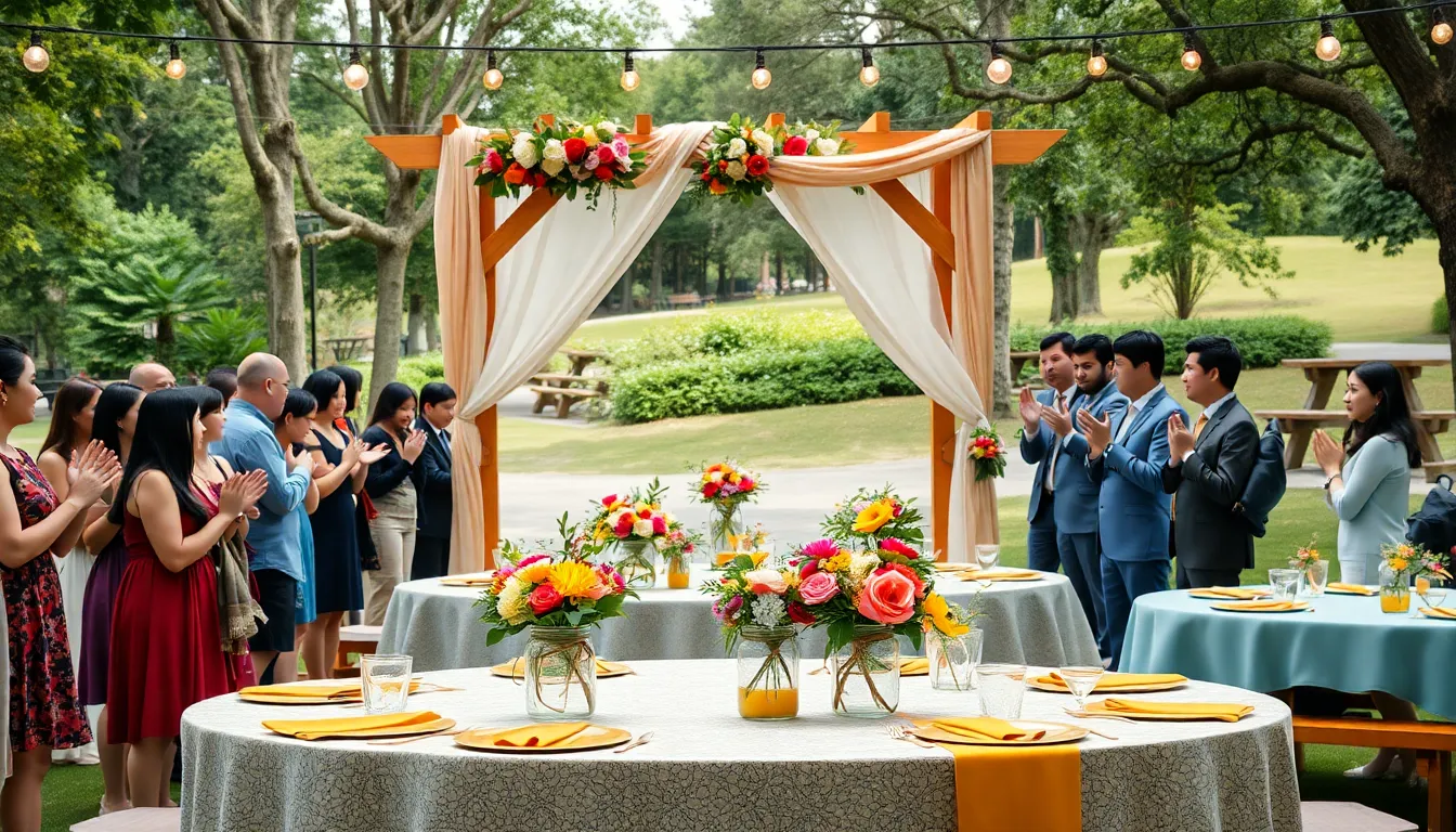 outdoor wedding with DIY decorations and diverse guests celebrating.