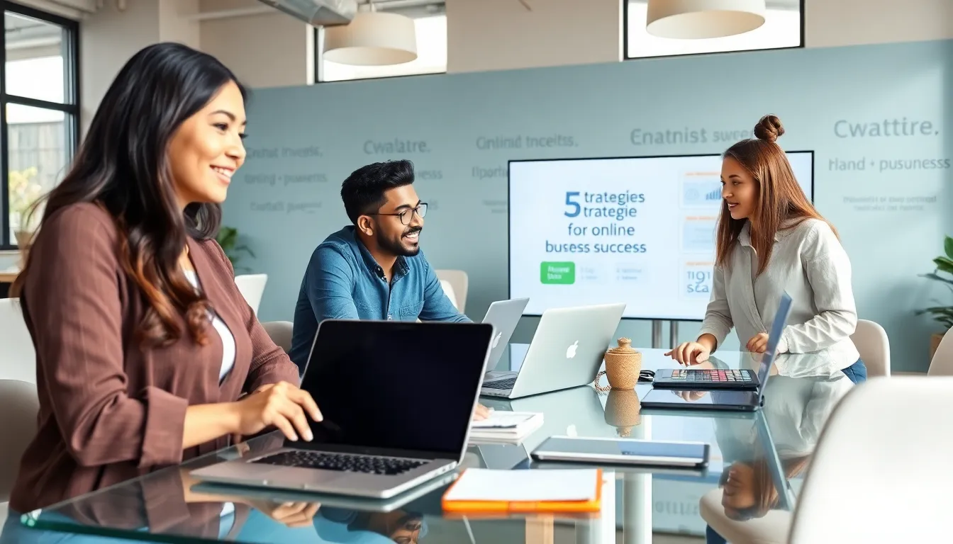 diverse professionals collaborating in a modern workspace on digital business strategies.