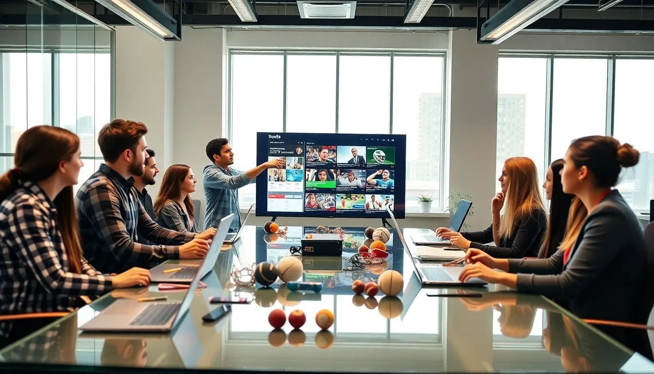 diverse team collaborating on sports news in a modern office.